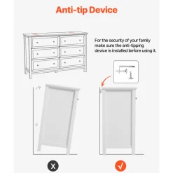 VEVOR 6 Drawer Dresser, Wooden Chest of Drawers with Sliding and Anti-tip Device, Retro Minimalist Dresser Chest, Closet Storage TV Stand Organizer for Living Room, Hallway, Bedroom, Entryway, White