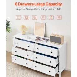 VEVOR 6 Drawer Dresser, Wooden Chest of Drawers with Sliding and Anti-tip Device, Retro Minimalist Dresser Chest, Closet Storage TV Stand Organizer for Living Room, Hallway, Bedroom, Entryway, White