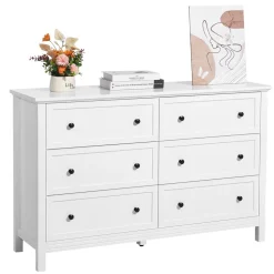 VEVOR 6 Drawer Dresser, Wooden Chest of Drawers with Sliding and Anti-tip Device, Retro Minimalist Dresser Chest, Closet Storage TV Stand Organizer for Living Room, Hallway, Bedroom, Entryway, White
