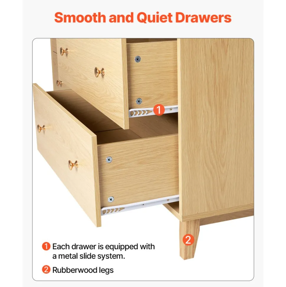 VEVOR 6 Drawer Dresser, Wooden Chest of Drawers with Sliding with Anti-tip Device, Modern Minimalist Dresser Chest, Closet Storage Organizer for Living Room, Hallway, Bedroom, Entryway, Light Wood