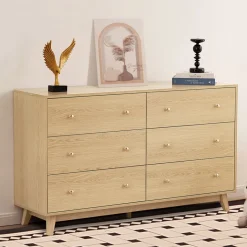 VEVOR 6 Drawer Dresser, Wooden Chest of Drawers with Sliding with Anti-tip Device, Modern Minimalist Dresser Chest, Closet Storage Organizer for Living Room, Hallway, Bedroom, Entryway, Light Wood