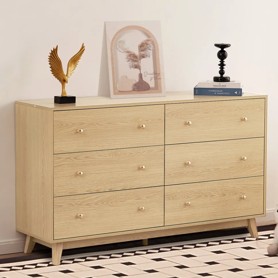 VEVOR 6 Drawer Dresser, Wooden Chest of Drawers with Sliding with Anti-tip Device, Modern Minimalist Dresser Chest, Closet Storage Organizer for Living Room, Hallway, Bedroom, Entryway, Light Wood