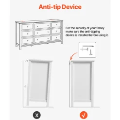 VEVOR 9 Drawer Dresser, Wooden Chest of Drawers with Sliding and Anti-tip Device, Retro Minimalist Dresser Chest, Closet Storage TV Stand Organizer for Living Room, Hallway, Bedroom, Entryway, White