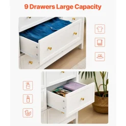 VEVOR 9 Drawer Dresser, Wooden Chest of Drawers with Sliding and Anti-tip Device, Retro Minimalist Dresser Chest, Closet Storage TV Stand Organizer for Living Room, Hallway, Bedroom, Entryway, White