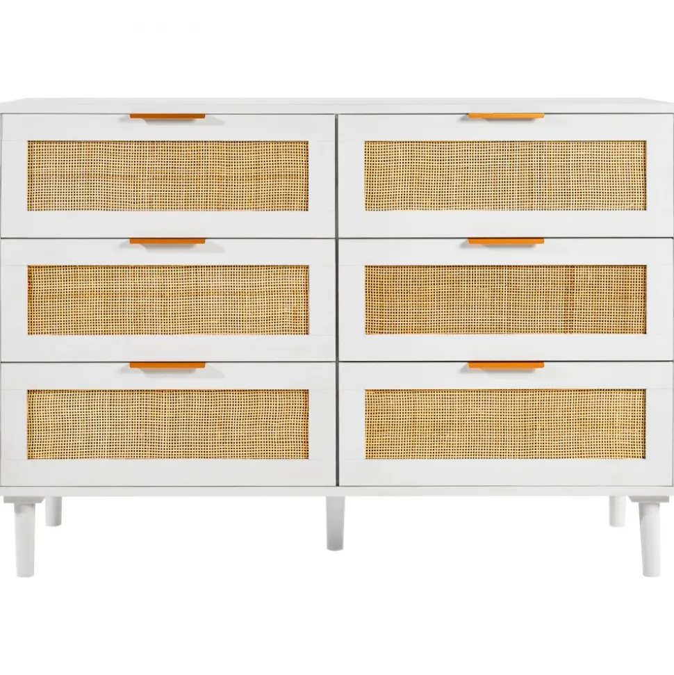 VEVOR 6 Drawer Rattan Dresser, Boho Dresser, Rattan Chest of Drawers with Spacious Storage, Natural Rattan Dresser for Bedroom, Living Room & Hallway,Rattan Nightstand with Sturdy Handles&Legs, White