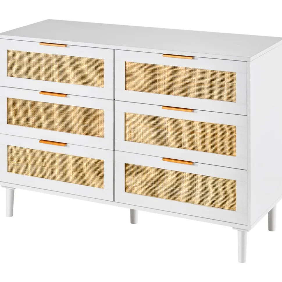 VEVOR 6 Drawer Rattan Dresser, Boho Dresser, Rattan Chest of Drawers with Spacious Storage, Natural Rattan Dresser for Bedroom, Living Room & Hallway,Rattan Nightstand with Sturdy Handles&Legs, White