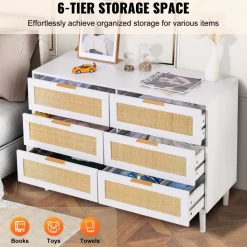 VEVOR 6 Drawer Rattan Dresser, Boho Dresser, Rattan Chest of Drawers with Spacious Storage, Natural Rattan Dresser for Bedroom, Living Room & Hallway,Rattan Nightstand with Sturdy Handles&Legs, White