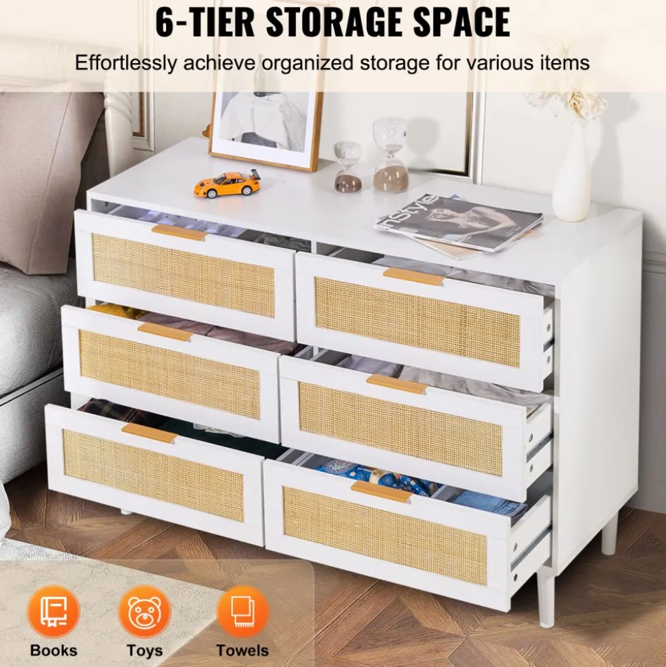 VEVOR 6 Drawer Rattan Dresser, Boho Dresser, Rattan Chest of Drawers with Spacious Storage, Natural Rattan Dresser for Bedroom, Living Room & Hallway,Rattan Nightstand with Sturdy Handles&Legs, White