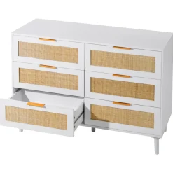 VEVOR 6 Drawer Rattan Dresser, Boho Dresser, Rattan Chest of Drawers with Spacious Storage, Natural Rattan Dresser for Bedroom, Living Room & Hallway,Rattan Nightstand with Sturdy Handles&Legs, White