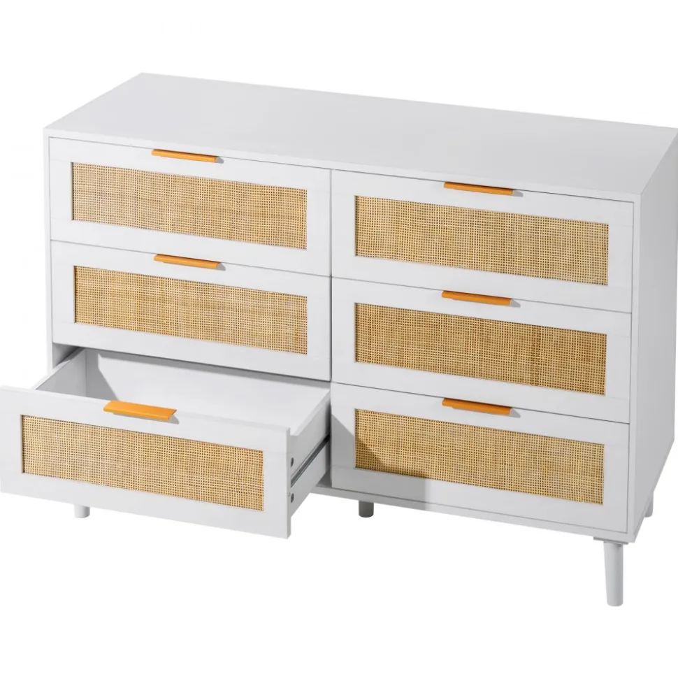 VEVOR 6 Drawer Rattan Dresser, Boho Dresser, Rattan Chest of Drawers with Spacious Storage, Natural Rattan Dresser for Bedroom, Living Room & Hallway,Rattan Nightstand with Sturdy Handles&Legs, White
