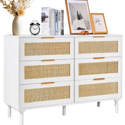 VEVOR 6 Drawer Rattan Dresser, Boho Dresser, Rattan Chest of Drawers with Spacious Storage, Natural Rattan Dresser for Bedroom, Living Room & Hallway,Rattan Nightstand with Sturdy Handles&Legs, White
