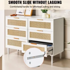 VEVOR 6 Drawer Rattan Dresser, Boho Dresser, Rattan Chest of Drawers with Spacious Storage, Natural Rattan Dresser for Bedroom, Living Room & Hallway,Rattan Nightstand with Sturdy Handles&Legs, White
