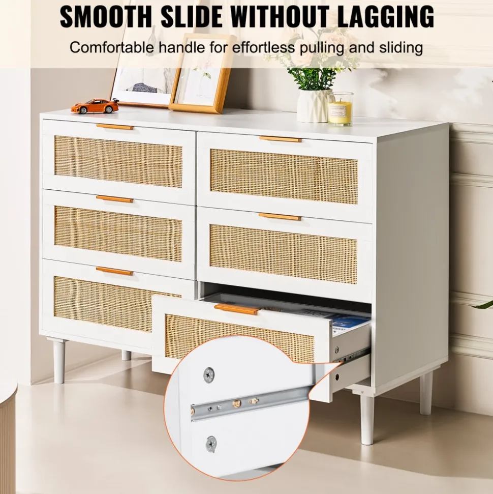 VEVOR 6 Drawer Rattan Dresser, Boho Dresser, Rattan Chest of Drawers with Spacious Storage, Natural Rattan Dresser for Bedroom, Living Room & Hallway,Rattan Nightstand with Sturdy Handles&Legs, White