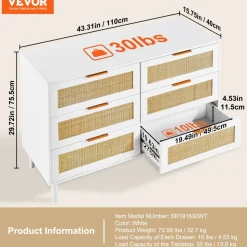 VEVOR 6 Drawer Rattan Dresser, Boho Dresser, Rattan Chest of Drawers with Spacious Storage, Natural Rattan Dresser for Bedroom, Living Room & Hallway,Rattan Nightstand with Sturdy Handles&Legs, White