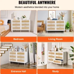 VEVOR 6 Drawer Rattan Dresser, Boho Dresser, Rattan Chest of Drawers with Spacious Storage, Natural Rattan Dresser for Bedroom, Living Room & Hallway,Rattan Nightstand with Sturdy Handles&Legs, White
