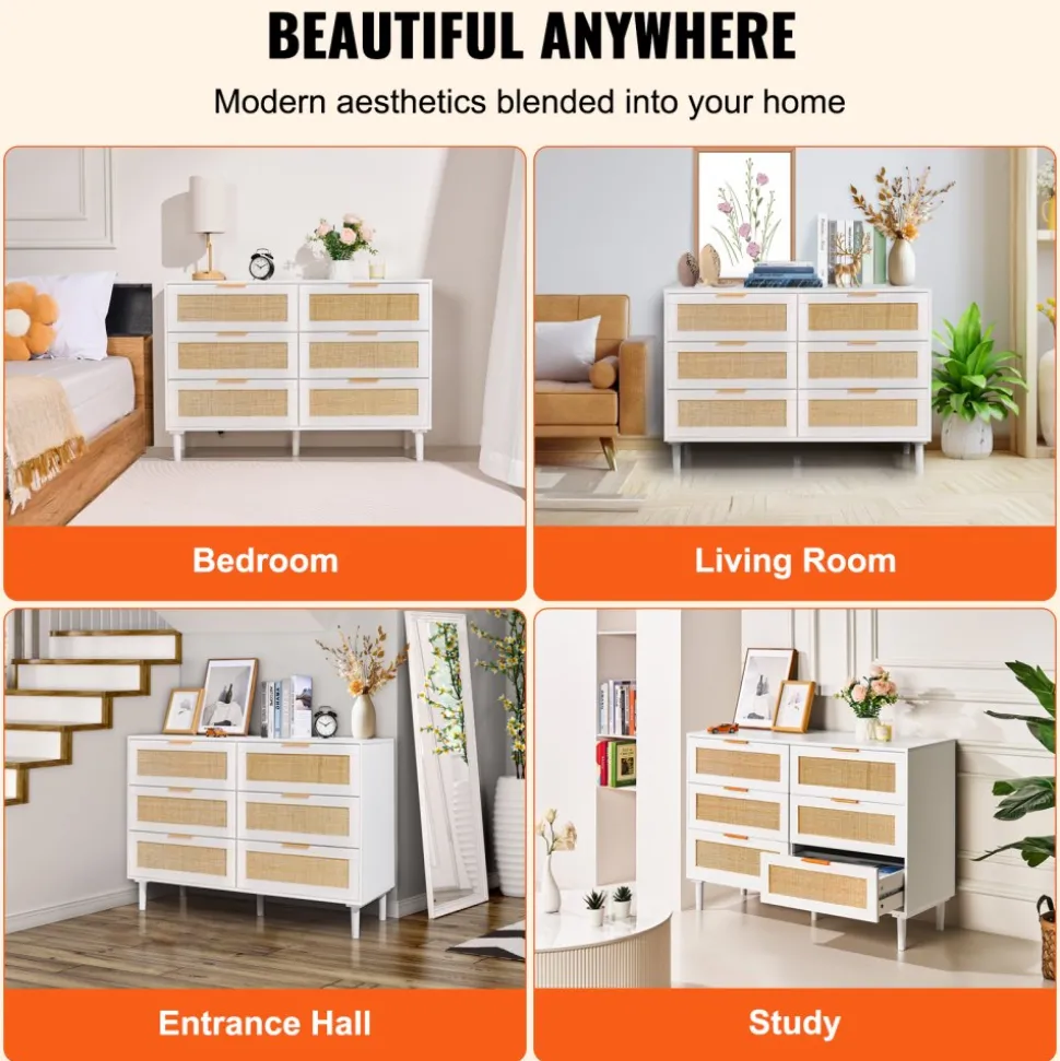 VEVOR 6 Drawer Rattan Dresser, Boho Dresser, Rattan Chest of Drawers with Spacious Storage, Natural Rattan Dresser for Bedroom, Living Room & Hallway,Rattan Nightstand with Sturdy Handles&Legs, White