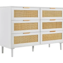 VEVOR 6 Drawer Rattan Dresser, Boho Dresser, Rattan Chest of Drawers with Spacious Storage, Natural Rattan Dresser for Bedroom, Living Room & Hallway,Rattan Nightstand with Sturdy Handles&Legs, White