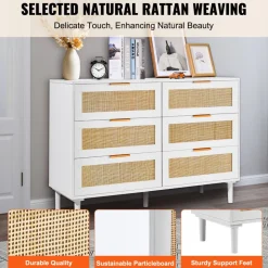 VEVOR 6 Drawer Rattan Dresser, Boho Dresser, Rattan Chest of Drawers with Spacious Storage, Natural Rattan Dresser for Bedroom, Living Room & Hallway,Rattan Nightstand with Sturdy Handles&Legs, White