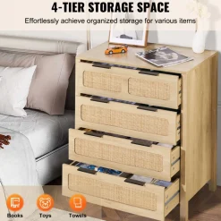 VEVOR 4 Drawer Rattan Dresser, Boho Dresser, Rattan Chest of Drawers with Spacious Storage, Natural Rattan Dresser for Bedroom, Living Room & Hallway,Rattan Nightstand with Sturdy Handles&Legs, Brown