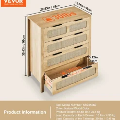VEVOR 4 Drawer Rattan Dresser, Boho Dresser, Rattan Chest of Drawers with Spacious Storage, Natural Rattan Dresser for Bedroom, Living Room & Hallway,Rattan Nightstand with Sturdy Handles&Legs, Brown