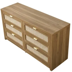 VEVOR 6 Drawer Rattan Dresser, Double Dresser for Bedroom, Natural Rattan Chest of Drawer with Metal Handle, Modern Wood Chest Clothing Organizer & Storage for Bedroom, Living Room, Hallway, Walnut