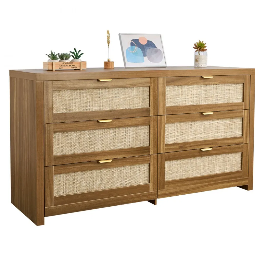 VEVOR 6 Drawer Rattan Dresser, Double Dresser for Bedroom, Natural Rattan Chest of Drawer with Metal Handle, Modern Wood Chest Clothing Organizer & Storage for Bedroom, Living Room, Hallway, Walnut