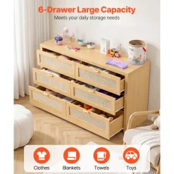 VEVOR 6 Drawer Rattan Dresser, Double Dresser for Bedroom, Natural Rattan Chest of Drawer with Metal Handle, Modern Wood Chest Clothing Organizer & Storage for Bedroom, Living Room, Hallway, Burlywood