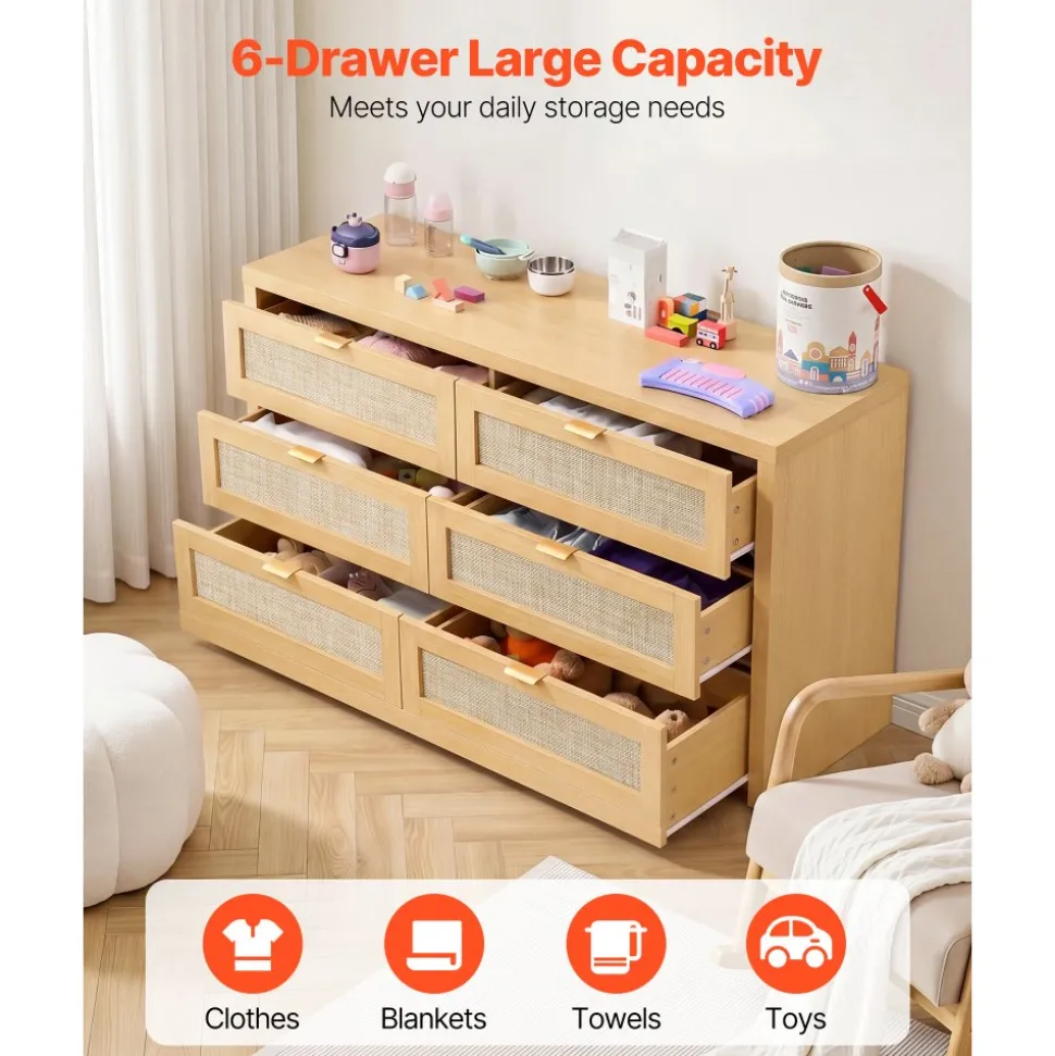 VEVOR 6 Drawer Rattan Dresser, Double Dresser for Bedroom, Natural Rattan Chest of Drawer with Metal Handle, Modern Wood Chest Clothing Organizer & Storage for Bedroom, Living Room, Hallway, Burlywood
