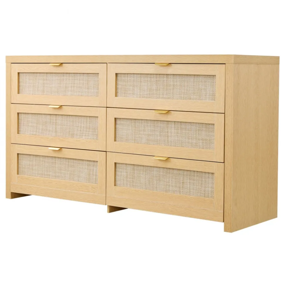 VEVOR 6 Drawer Rattan Dresser, Double Dresser for Bedroom, Natural Rattan Chest of Drawer with Metal Handle, Modern Wood Chest Clothing Organizer & Storage for Bedroom, Living Room, Hallway, Burlywood