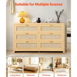 VEVOR 6 Drawer Rattan Dresser, Double Dresser for Bedroom, Natural Rattan Chest of Drawer with Metal Handle, Modern Wood Chest Clothing Organizer & Storage for Bedroom, Living Room, Hallway, Burlywood