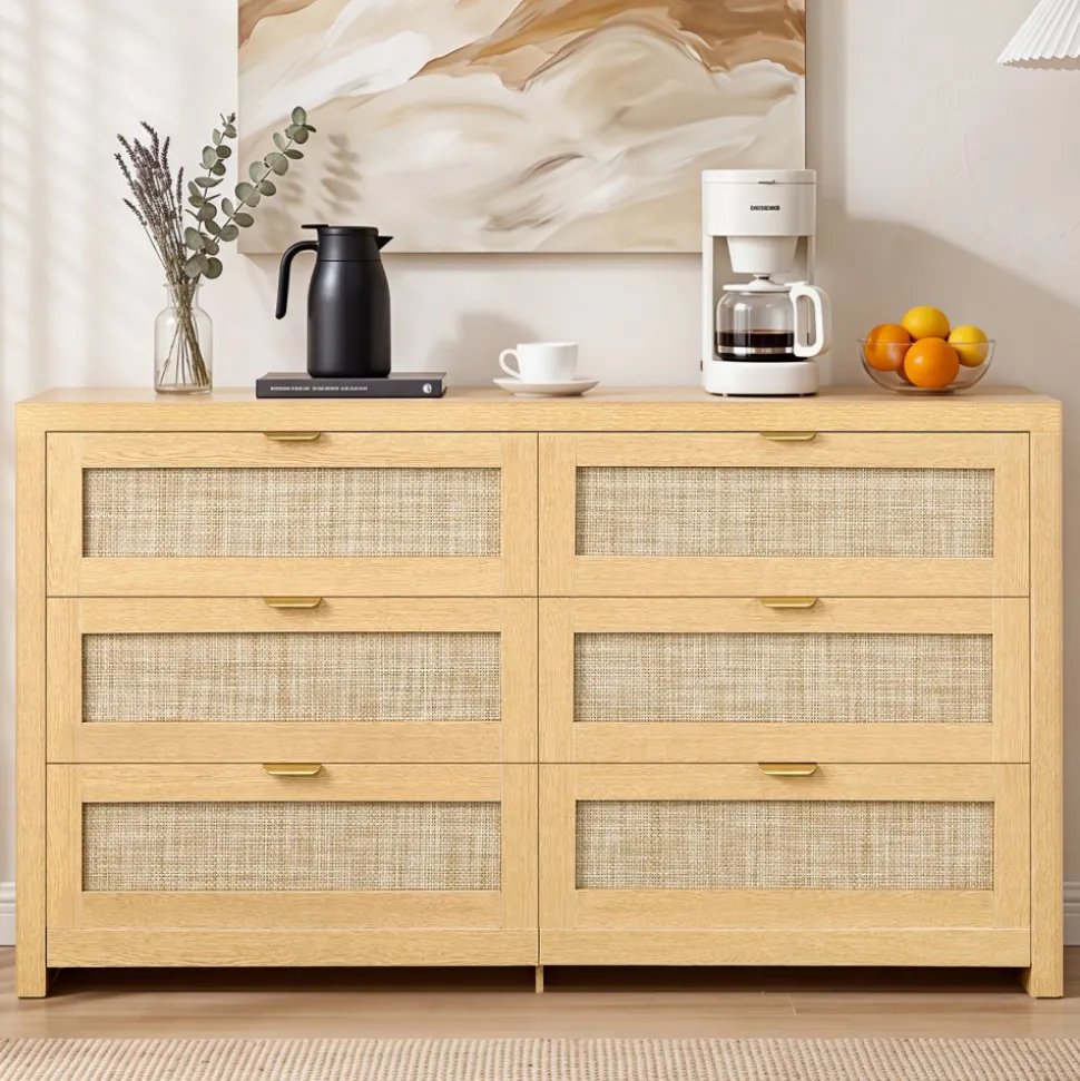 VEVOR 6 Drawer Rattan Dresser, Double Dresser for Bedroom, Natural Rattan Chest of Drawer with Metal Handle, Modern Wood Chest Clothing Organizer & Storage for Bedroom, Living Room, Hallway, Burlywood