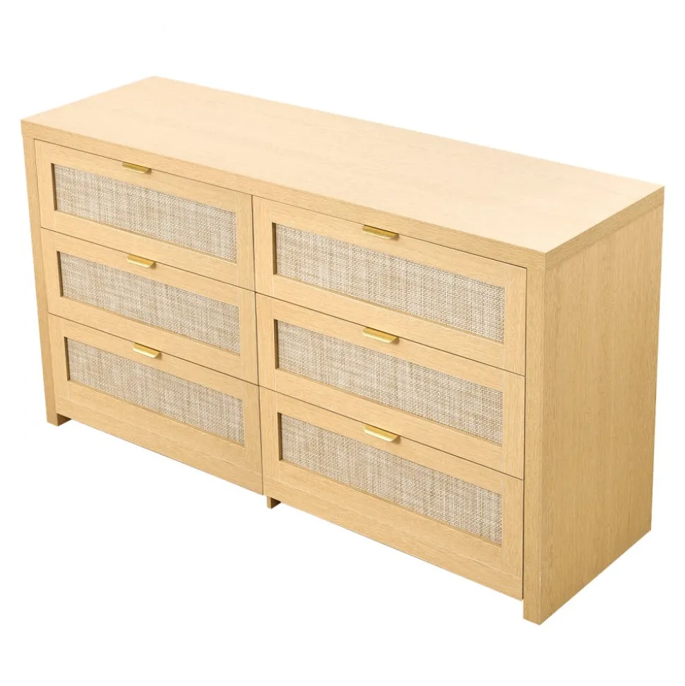 VEVOR 6 Drawer Rattan Dresser, Double Dresser for Bedroom, Natural Rattan Chest of Drawer with Metal Handle, Modern Wood Chest Clothing Organizer & Storage for Bedroom, Living Room, Hallway, Burlywood