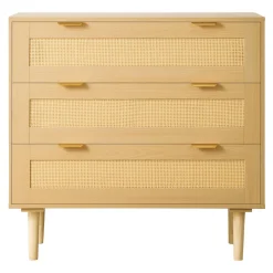 VEVOR 3 Drawer Rattan Dresser, Modern Closet Dresser for Bedroom, Natural Rattan Chest of Drawers with Metal Handles & Wooden Legs, Chest Clothing Organizer & Storage for Bedroom, Living Room, Hallway