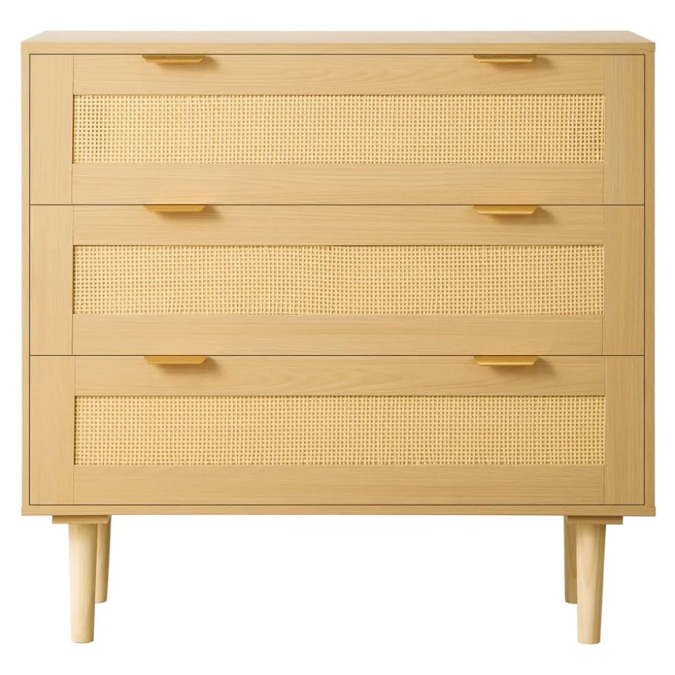 VEVOR 3 Drawer Rattan Dresser, Modern Closet Dresser for Bedroom, Natural Rattan Chest of Drawers with Metal Handles & Wooden Legs, Chest Clothing Organizer & Storage for Bedroom, Living Room, Hallway