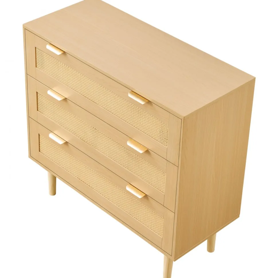 VEVOR 3 Drawer Rattan Dresser, Modern Closet Dresser for Bedroom, Natural Rattan Chest of Drawers with Metal Handles & Wooden Legs, Chest Clothing Organizer & Storage for Bedroom, Living Room, Hallway