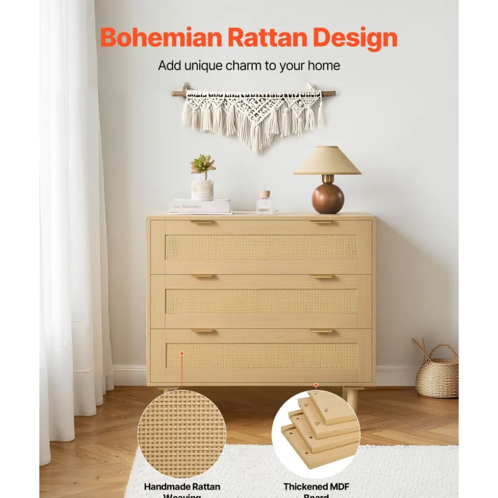 VEVOR 3 Drawer Rattan Dresser, Modern Closet Dresser for Bedroom, Natural Rattan Chest of Drawers with Metal Handles & Wooden Legs, Chest Clothing Organizer & Storage for Bedroom, Living Room, Hallway