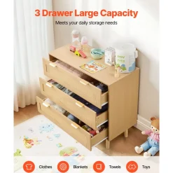 VEVOR 3 Drawer Rattan Dresser, Modern Closet Dresser for Bedroom, Natural Rattan Chest of Drawers with Metal Handles & Wooden Legs, Chest Clothing Organizer & Storage for Bedroom, Living Room, Hallway
