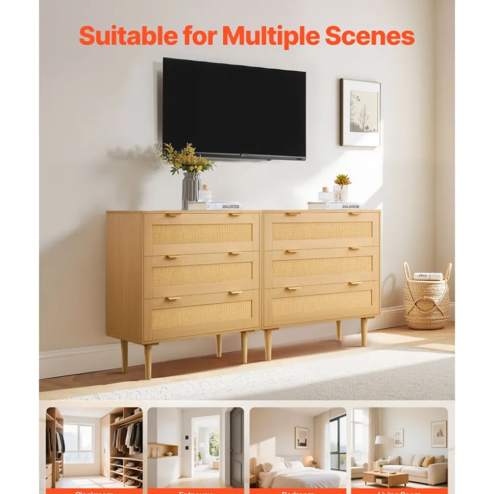 VEVOR 3 Drawer Rattan Dresser, Modern Closet Dresser for Bedroom, Natural Rattan Chest of Drawers with Metal Handles & Wooden Legs, Chest Clothing Organizer & Storage for Bedroom, Living Room, Hallway