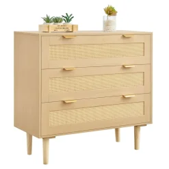 VEVOR 3 Drawer Rattan Dresser, Modern Closet Dresser for Bedroom, Natural Rattan Chest of Drawers with Metal Handles & Wooden Legs, Chest Clothing Organizer & Storage for Bedroom, Living Room, Hallway