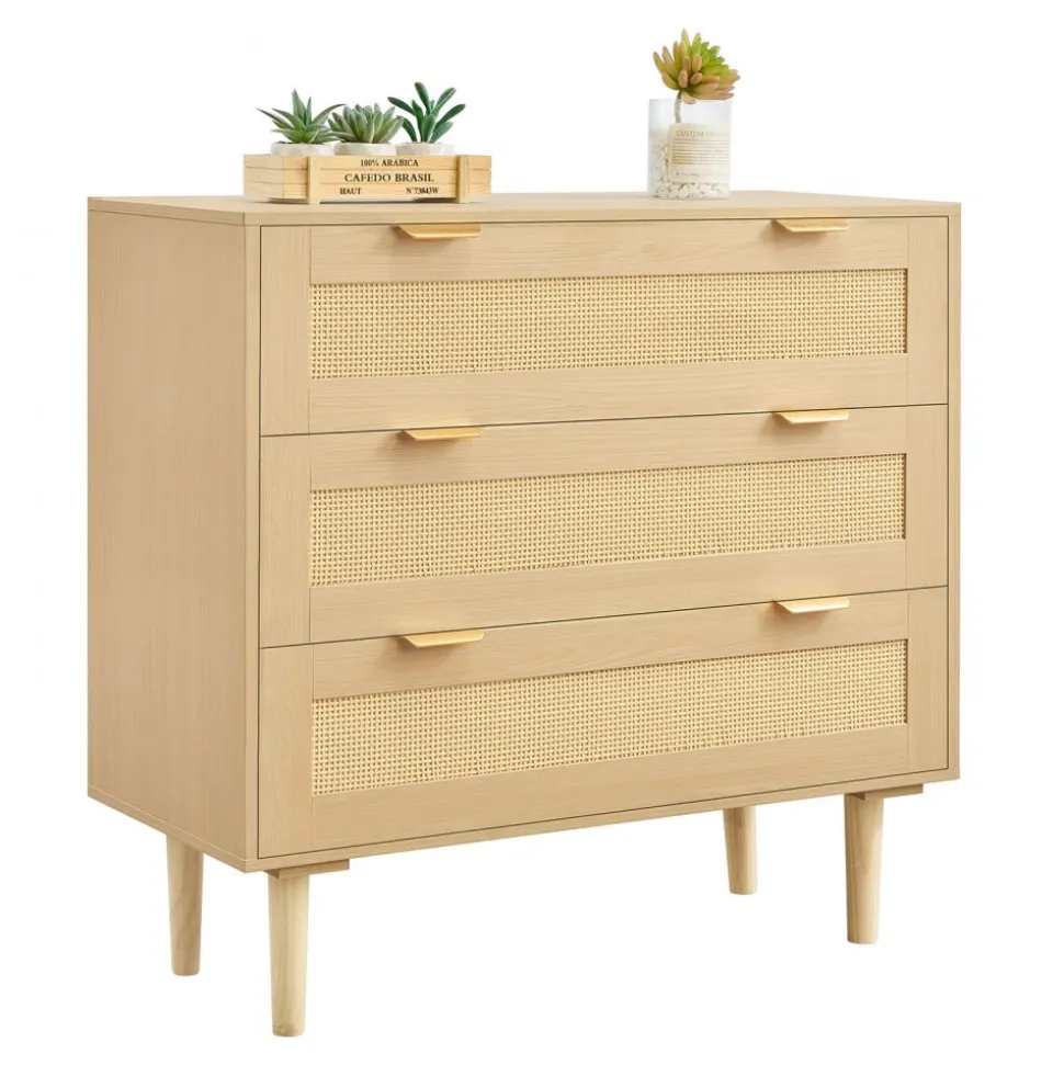 VEVOR 3 Drawer Rattan Dresser, Modern Closet Dresser for Bedroom, Natural Rattan Chest of Drawers with Metal Handles & Wooden Legs, Chest Clothing Organizer & Storage for Bedroom, Living Room, Hallway