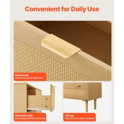 VEVOR 3 Drawer Rattan Dresser, Modern Closet Dresser for Bedroom, Natural Rattan Chest of Drawers with Metal Handles & Wooden Legs, Chest Clothing Organizer & Storage for Bedroom, Living Room, Hallway