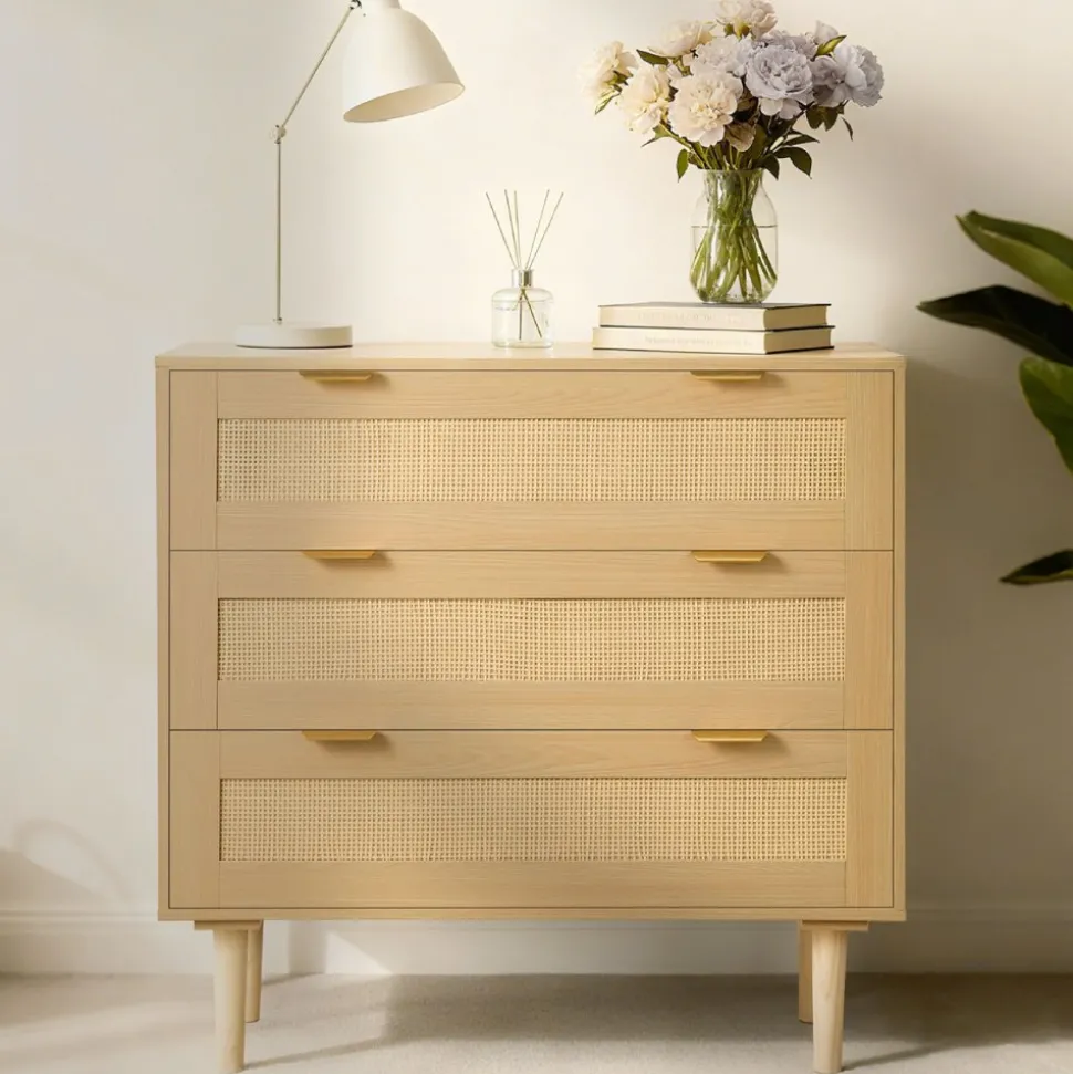 VEVOR 3 Drawer Rattan Dresser, Modern Closet Dresser for Bedroom, Natural Rattan Chest of Drawers with Metal Handles & Wooden Legs, Chest Clothing Organizer & Storage for Bedroom, Living Room, Hallway
