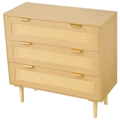 VEVOR 3 Drawer Rattan Dresser, Modern Closet Dresser for Bedroom, Natural Rattan Chest of Drawers with Metal Handles & Wooden Legs, Chest Clothing Organizer & Storage for Bedroom, Living Room, Hallway