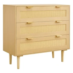 VEVOR 3 Drawer Rattan Dresser, Modern Closet Dresser for Bedroom, Natural Rattan Chest of Drawers with Metal Handles & Wooden Legs, Chest Clothing Organizer & Storage for Bedroom, Living Room, Hallway