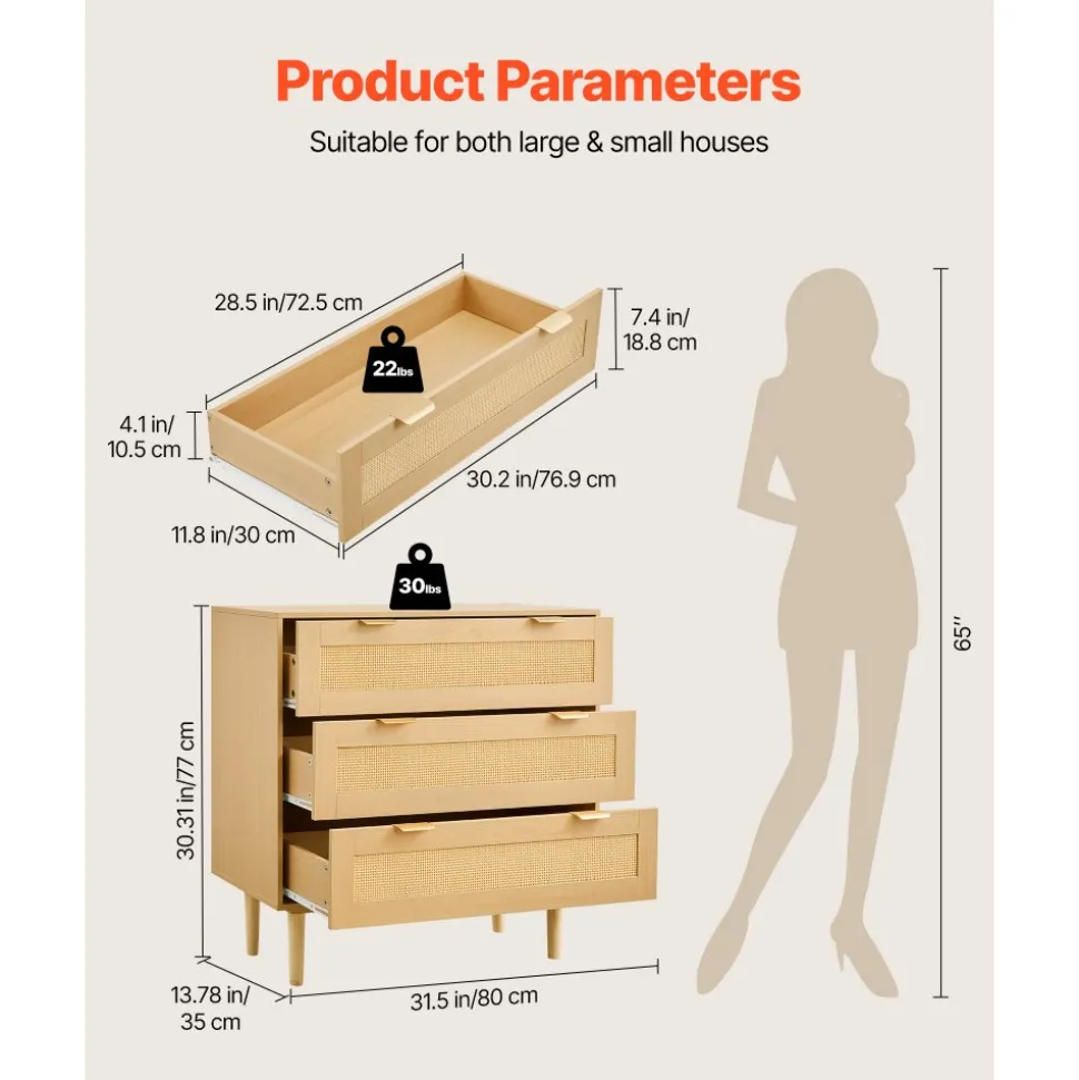 VEVOR 3 Drawer Rattan Dresser, Modern Closet Dresser for Bedroom, Natural Rattan Chest of Drawers with Metal Handles & Wooden Legs, Chest Clothing Organizer & Storage for Bedroom, Living Room, Hallway