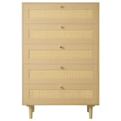 VEVOR 5 Drawer Rattan Dresser, Modern Closet Dresser for Bedroom, Natural Rattan Chest of Drawers with Metal Handles & Wooden Legs, Chest Clothing Organizer & Storage for Bedroom, Living Room, Hallway
