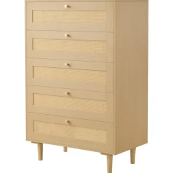 VEVOR 5 Drawer Rattan Dresser, Modern Closet Dresser for Bedroom, Natural Rattan Chest of Drawers with Metal Handles & Wooden Legs, Chest Clothing Organizer & Storage for Bedroom, Living Room, Hallway