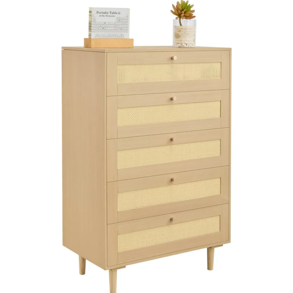 VEVOR 5 Drawer Rattan Dresser, Modern Closet Dresser for Bedroom, Natural Rattan Chest of Drawers with Metal Handles & Wooden Legs, Chest Clothing Organizer & Storage for Bedroom, Living Room, Hallway