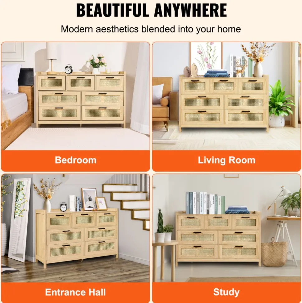 VEVOR 7 Drawer Rattan Dresser, Natural Rattan Wood Dressers with LED Light, Modern Wood Chest Clothing Organizer & Storage Boho Dresser with Sturdy Handles & Legs, for Bedroom, Living Room & Hallway
