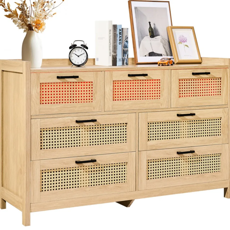 VEVOR 7 Drawer Rattan Dresser, Natural Rattan Wood Dressers with LED Light, Modern Wood Chest Clothing Organizer & Storage Boho Dresser with Sturdy Handles & Legs, for Bedroom, Living Room & Hallway